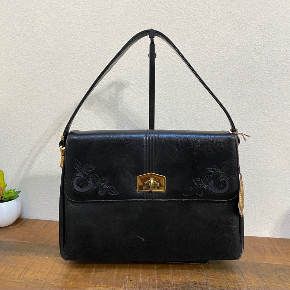 VINTAGE MEEKER Rose Tooled Black Leather Purse NWT